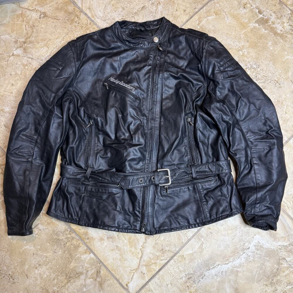 Harley-Davidson Black Leather Jacket Women’s 2XL Belted Moto Zip